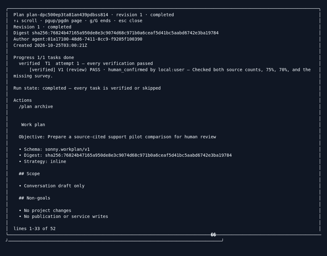 Completed plan viewer showing one of one tasks done and V1 verified by human-confirmed PASS.