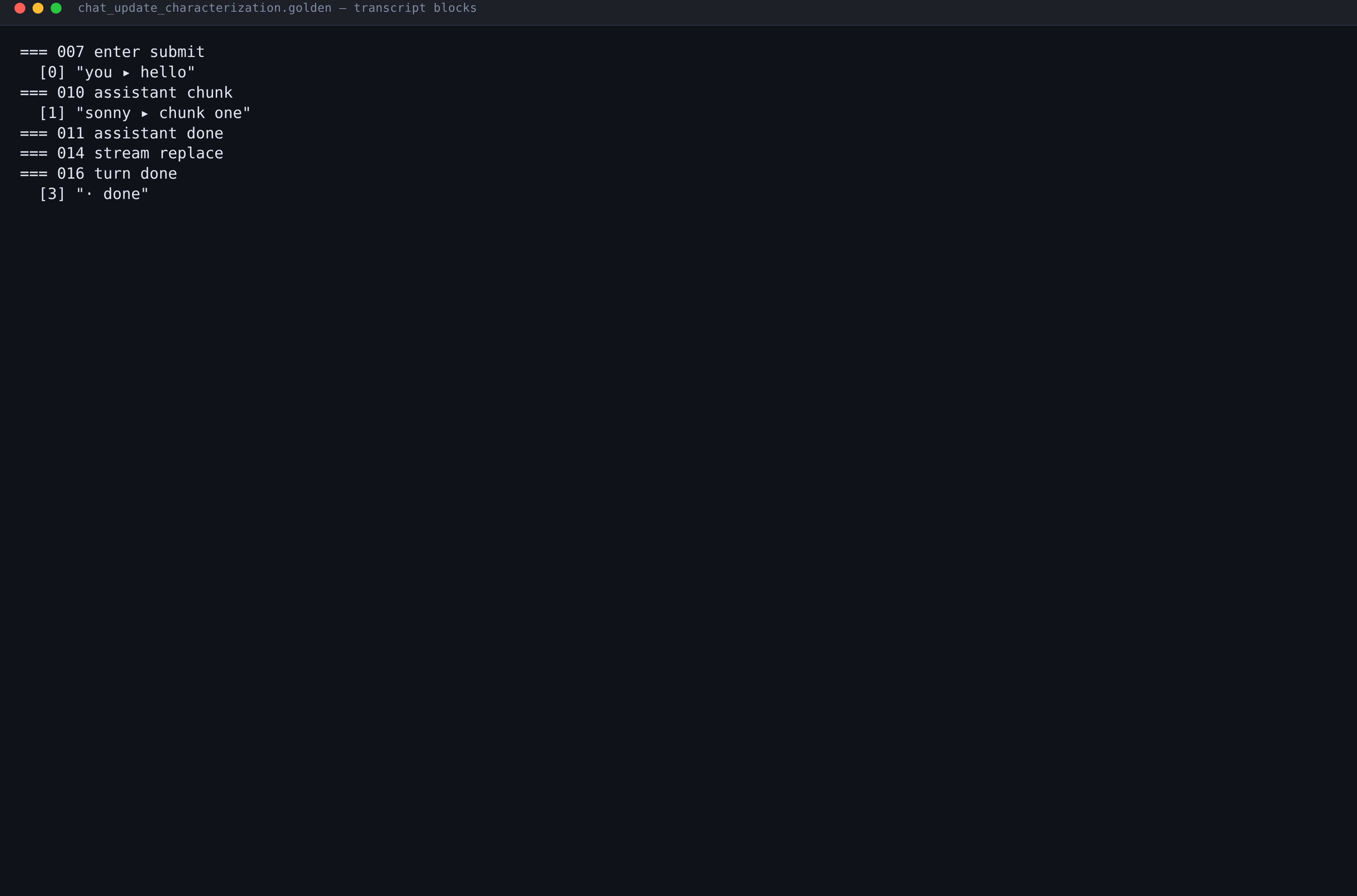 Frames from the Sonny TUI transcript covering submit, streaming, replacement, and turn completion, typeset from the chat_update_characterization.golden test fixture